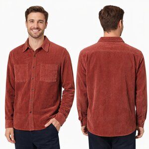 Men's Zara Coral Red Corduroy Terry Button Down Pocket Shirt Small Relaxed Fit